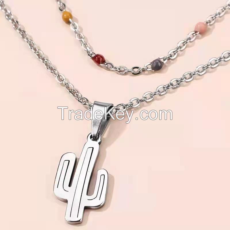 2021 creative cactus pendant double-layer stainless steel oil dripping chain design clavicle Necklace