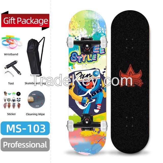 Complete Skateboard for Kids Teens & Adults, 7 Layer Canadian Maple Double Kick Deck Skateboard with All-in-One Skateboard