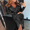 SS21# Long sleeve V-neck Shine sexy sequin dress for lady