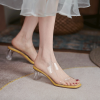 2023 New Summer Net Red Transparent Sandals Women's Middle Heel Thick Heel Crystal High Heels Fairy Style One-Line Belt