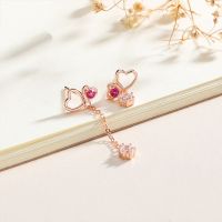 925 Sterling Silver Color Cz Stud Drop Asymmetrical Earrings With Heart Shaped