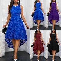 New Fashion Floral Lace Women Solid Color Sleeveless Irregular Hem Formal Party Midi Dress