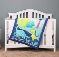 4 Piece Soft Baby Crib Bedding Set Dino Nursery Bedding Crib Set | Crib Comforter, Fitted Sheet, Dust Ruffle,Blanket