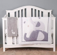 4 Piece Soft Baby Crib Bedding Set Grey Elephant Nursery Bedding Crib Set | Crib Comforter, Fitted Sheet, Dust Ruffle,blanket