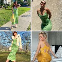 Fsda 2021 Print Knit Bodycon Dress Women Green Y2k Summer Hollow Out Sexy Sleeveless Spaghetti Strap Beach Midi Dresses Party