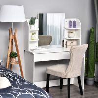 Wooden Modern Dressing Table Writing Desk W/Mirror, Big Drawers, 2-Tier Open Shelf For Home Bedroom White