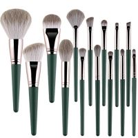 Wholesales High Quality Soft Hair Vegan Green Makeup Brushes Set of 14, Portable Professional Facial Cosmetic Makeup Brushes Set