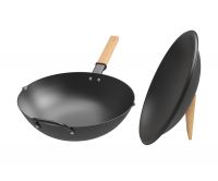 Taste plus Carbon Steel Wok with Domed and Wooden Handle for All Stoves, 12 Inch Chinese Wok Pan