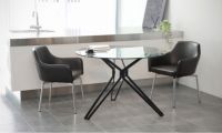 Tempered Glass Top Metal Feet Dining Table And Fabric Chairs