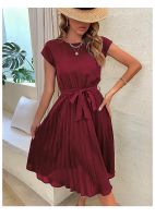 New skirt summer vacation women's lace-up solid color pleats  dress