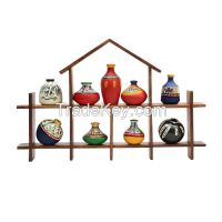 ExclusiveLane 9 Terracotta Warli Handpainted Pots With Sheesham Wooden Hut Frame Wall Hanging